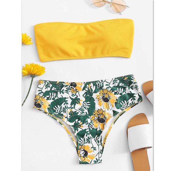 unmarked Other - Floral Print Bandeau Bikini Yellow Size S